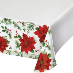 Posh Poinsettia Paper Tablecover Border Print 54 Inches X 102 Inches 1ct
