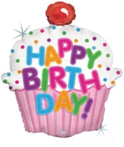 Betallic Happy Birthday Cupcake 24 Inch Holographic Shaped Foil Balloon Packaged 1ct