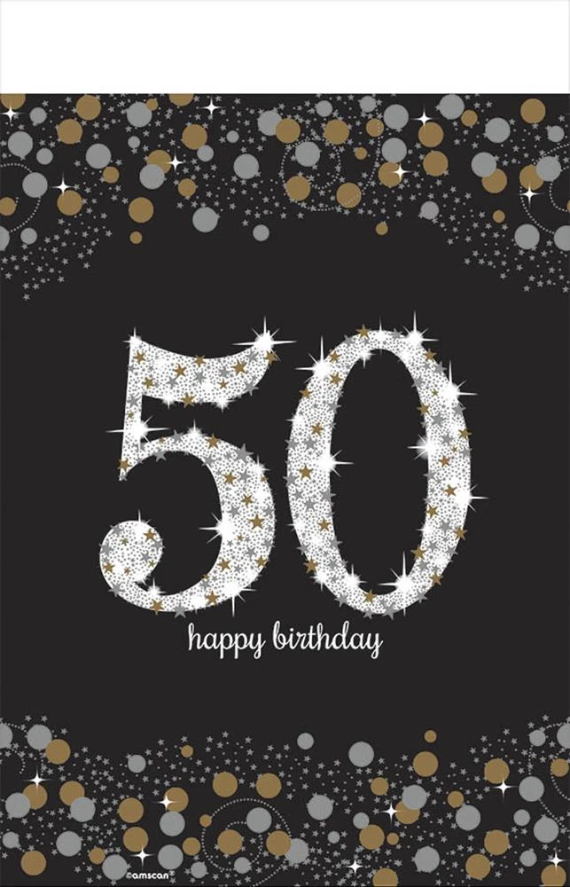 AMS Sparkling Celebration Happy Birthday 50 Tablecover 54 Inch X 102 Inc1ct 1 AMS Sparkling Celebration Happy Birthday 50 Tablecover 54 Inch X 102 Inc1ct