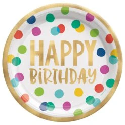 AMS Happy Dots Birthday Round Foil Plate 10.5 Inch 8ct