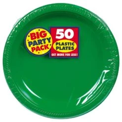 AMS Round Plastic Plates Festive Green 10.25 Inch 50ct
