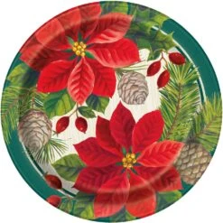 Red And Green Poinsettia Christmas 7in Plate 8ct