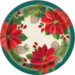 Red And Green Poinsettia Christmas Round 9" Dinner Plates, 8ct