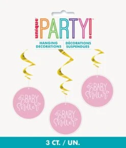 Pink Hearts Baby Shower Hanging 26 Inch Swirl Decorations 3ct