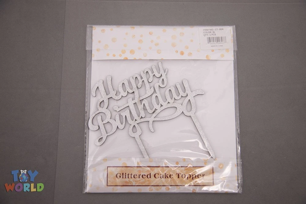 Cake Topper -Happy Birthday Glittered Silver 1 Cake Topper -Happy Birthday Glittered Silver