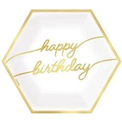 AMS Golden Age Happy Birthday Metallic Hexagon Plate 9inch 8ct