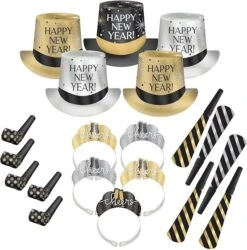 New Year's Eve 10 Person Kit With Top Hats In Black Silver And Gold -Toy World kitfor10