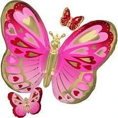 Valentine's Day Red, Pink & Gold Butterflies 38in Foil Balloon FLAT